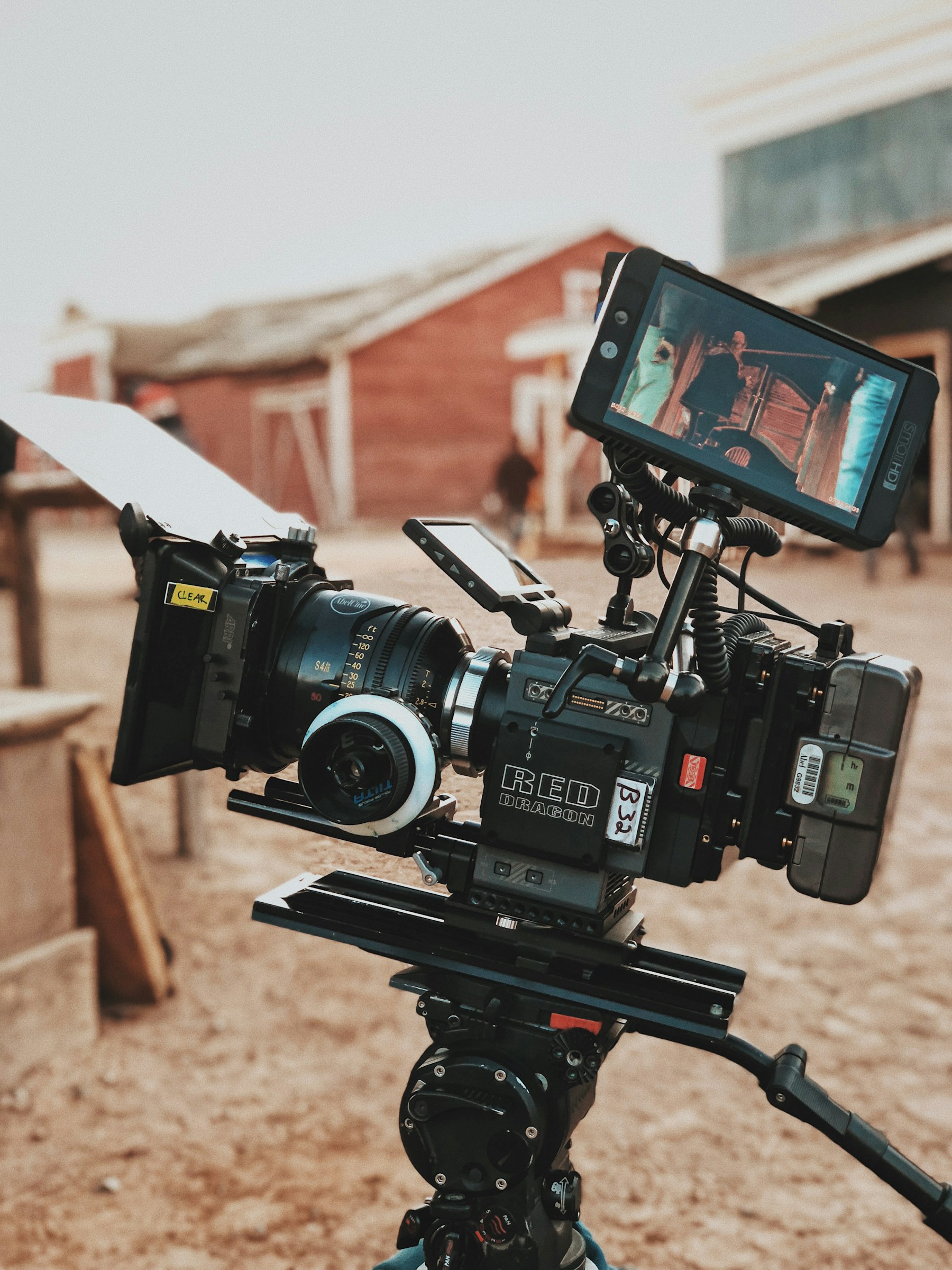 A professional cinema camera rig with lens and monitor
